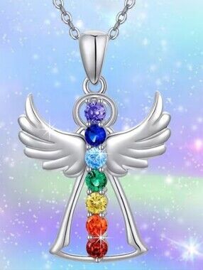 Silver Angel Chakra Pendant Necklace - Multicolor Crystal New